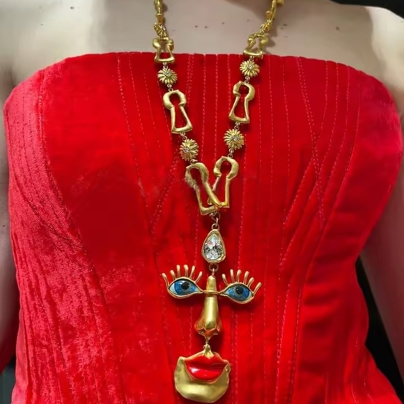 Anthropologie Jewelry - Gold-tone Abstract Face Pendant Necklace with Red Lips